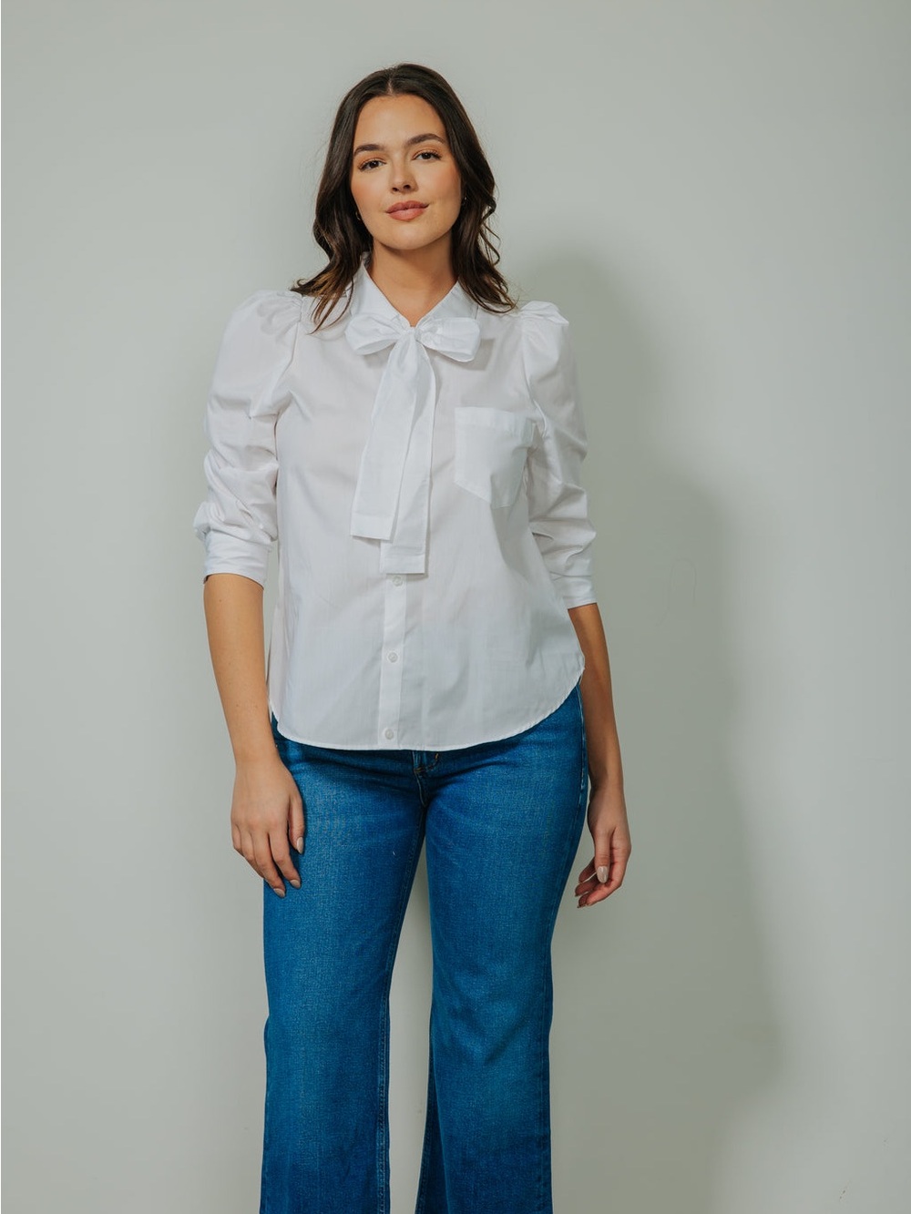 KMJ poppy Demi fit size M White Tie-Neck Puff Sleeve Blouse